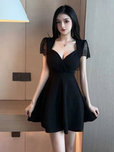 2025 Summer Women's Sexy Mature Lace spliced Short Sleeve Deep V Low cut Fashion Waist retraction Solid color A-line Dress 2ZW6